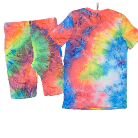 New‎ S Gay Pride Neon Tie Dye Rainbow Summer Bike Short Tee Set Outfit Stretchy - Picture 1 of 3